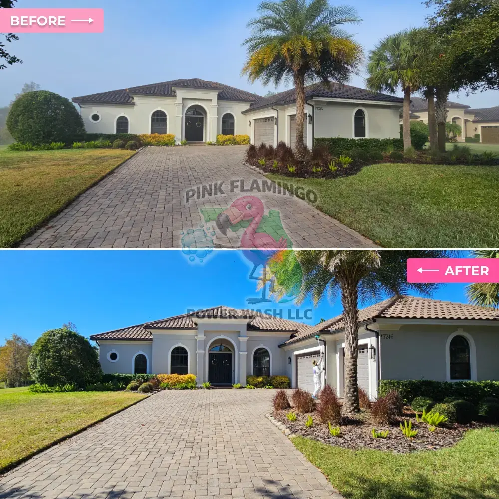 Before and after house exterior and paver driveway pressure washing Tampa FL Before and after house exterior and paver driveway pressure washing Tampa FL