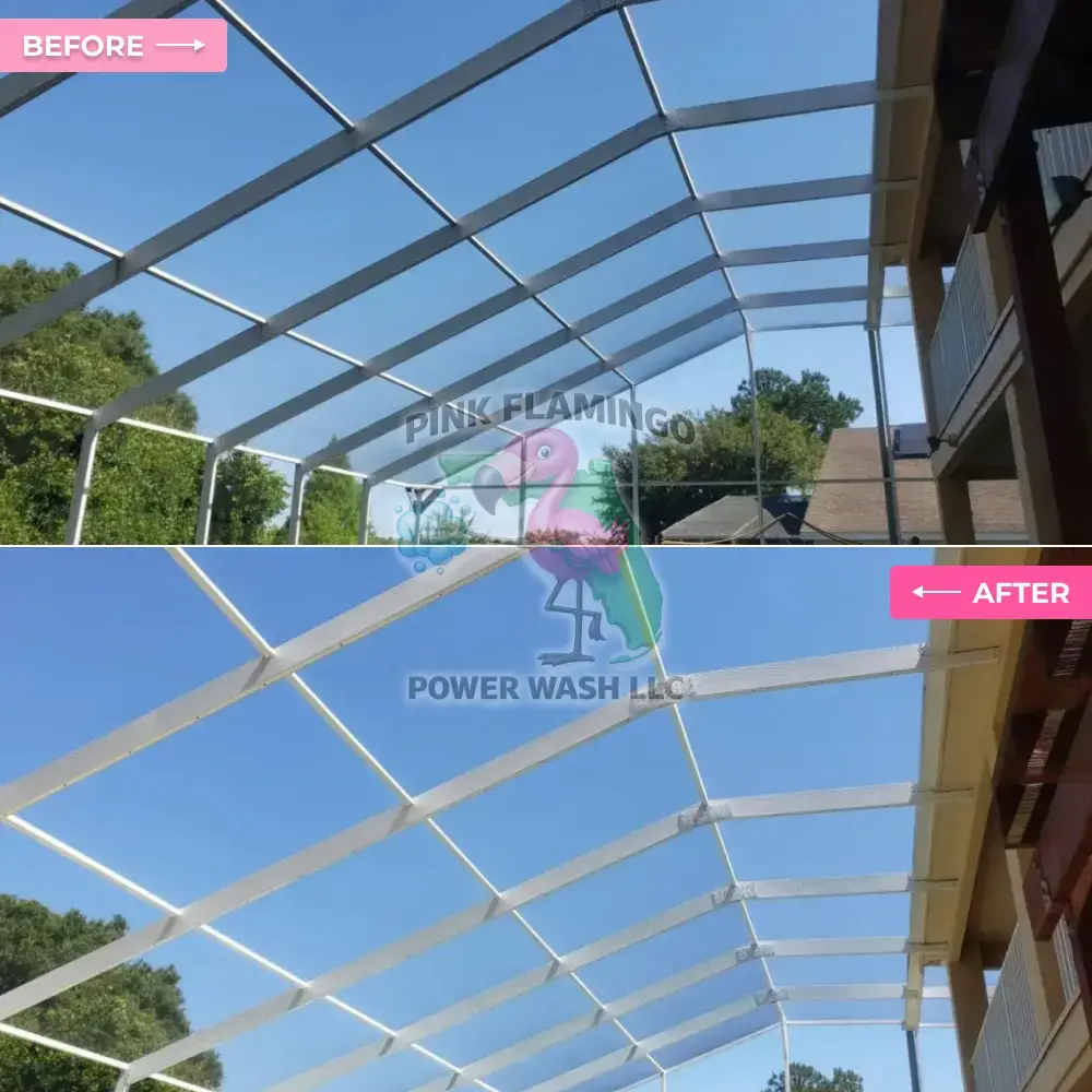 Before and after pool cage screen enclosure pressure washing Tampa FL Before and after pool cage screen enclosure pressure washing Tampa FL