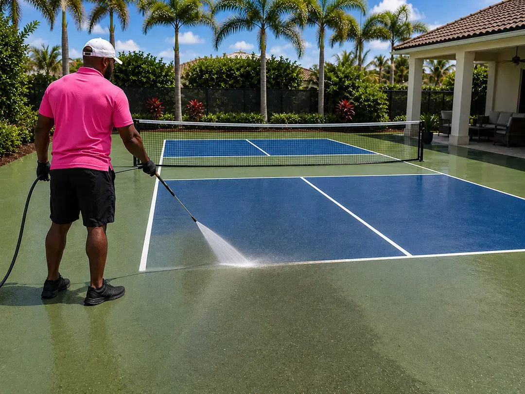 Faded outdoor sport court with debris and visible dirt patches