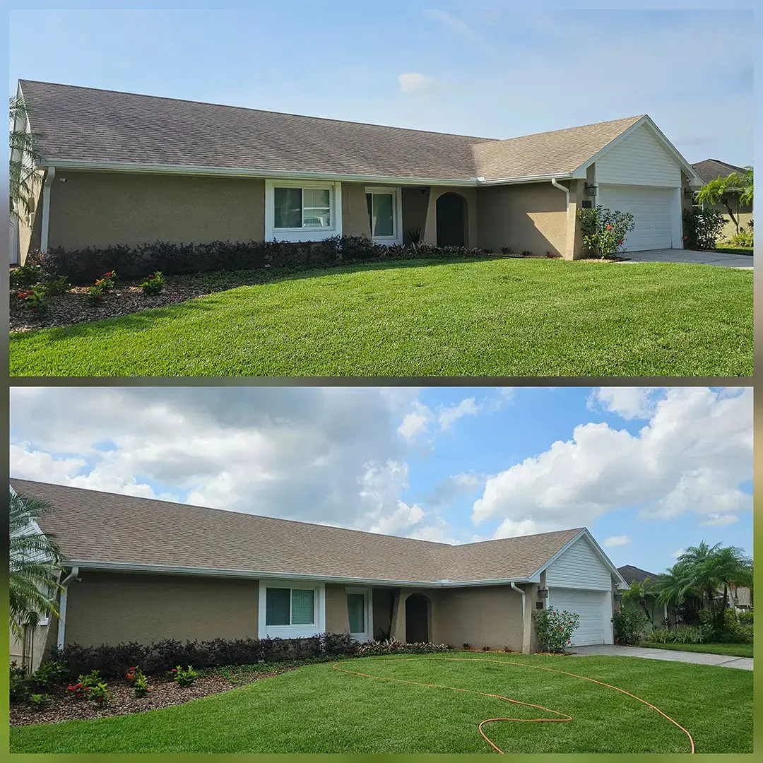 How Can Roof Soft Wash Cleaning Restore Your Home Without Damaging Your Shingles? Two side-by-side images showing a single-story house with a shingle roof and an attached garage. The top image shows the roof
