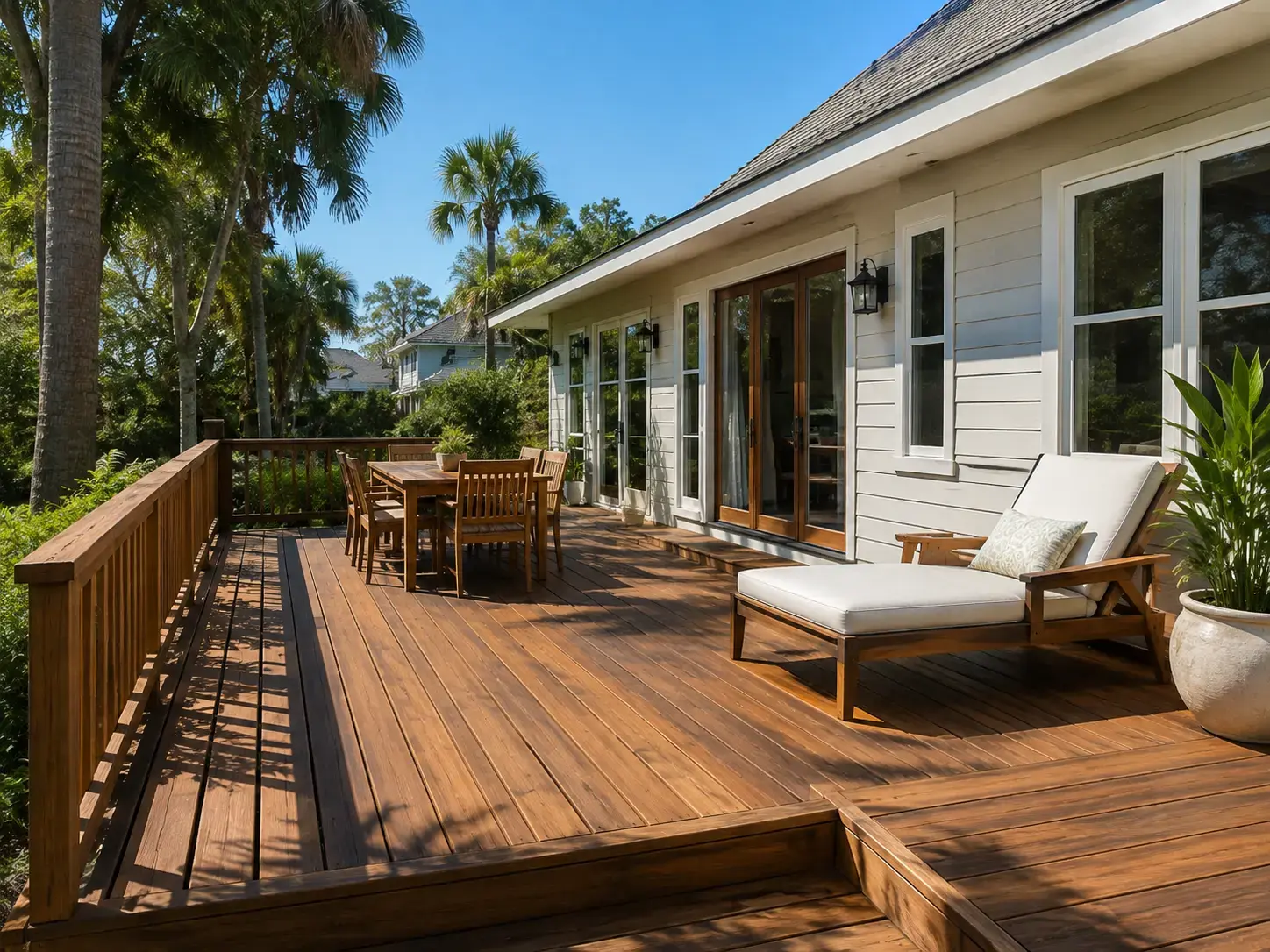 Deck Pressure Washing in Tampa, FL, That Brings Your Boards Back to Life Clean wooden deck with outdoor dining table, chairs, and a cushioned lounge chair on a sunny day