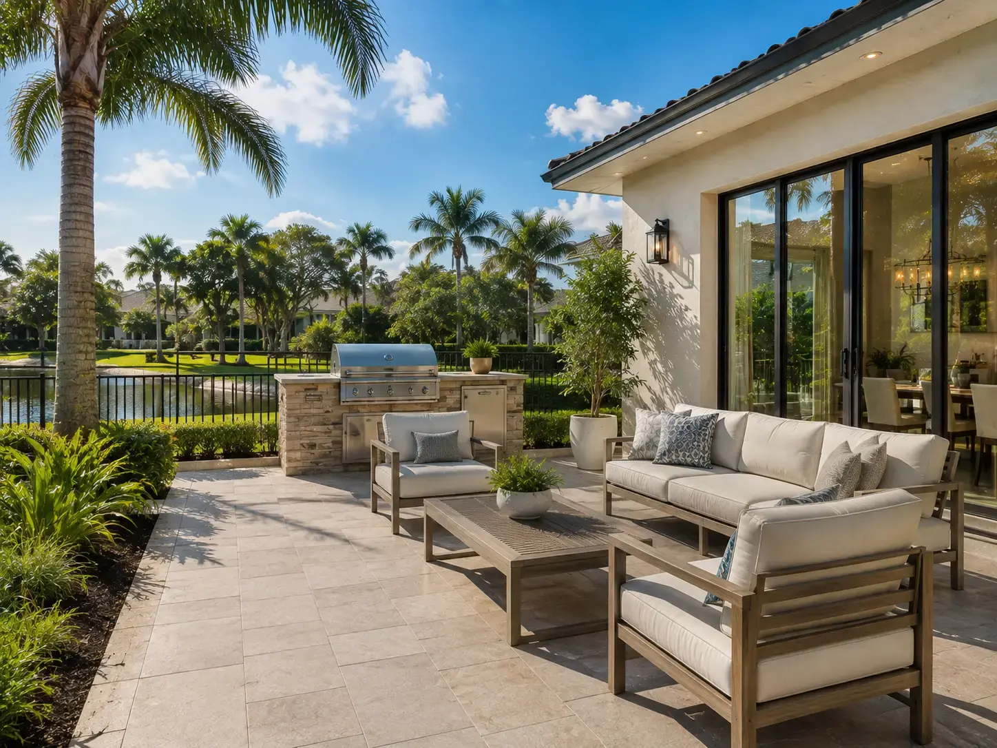 Patio with cushioned outdoor furniture, a built-in grill, palm trees, and a lake in the background