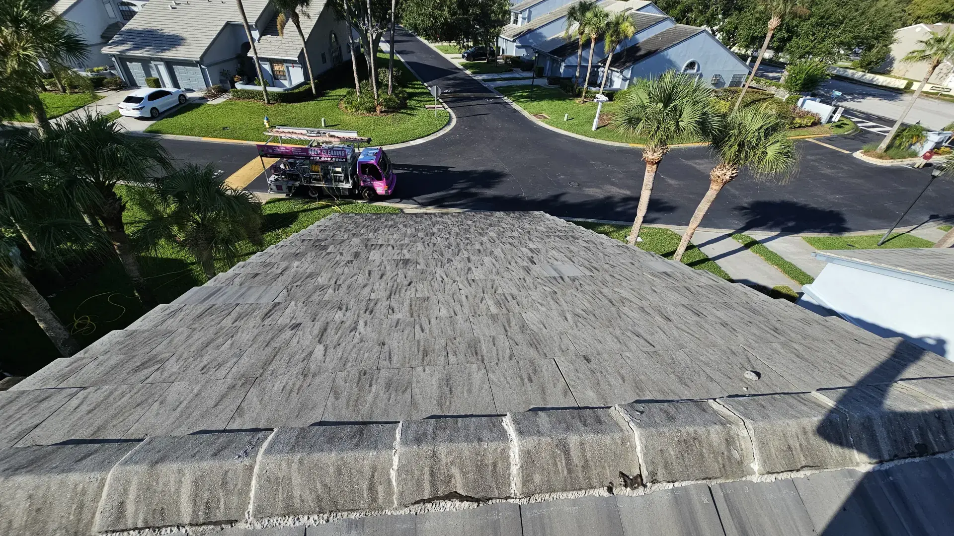 Let Us Restore Your Outdoor Living Space View of tiled roof top with a roof cleaning service truck parked on a residential street with houses and palm trees