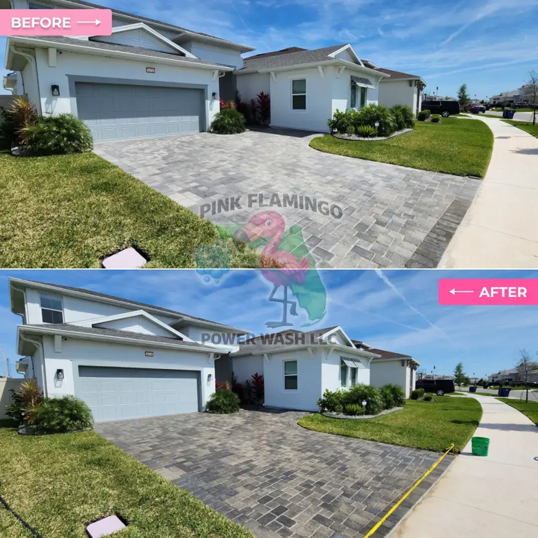 How Can Driveway Pressure Washing Bring Faded Pavers Back to Life? Before and after images of a residential paver driveway restoration using pressure washing in Tampa, Florida