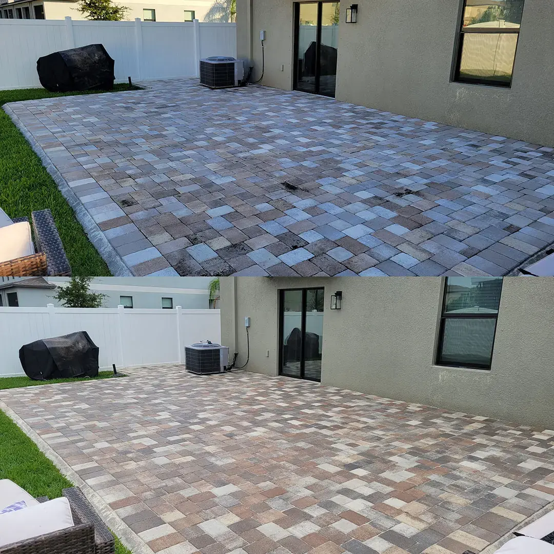 How Can Professional Patio Pressure Washing Restore Your Paver Patio's Beauty? Before-and-after views of a backyard paver patio cleaned by pressure washing in Tampa, FL